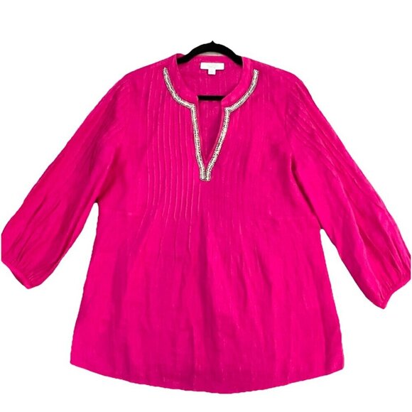 Charter Club Women's Linen Pleated Tunic Top Size Medium Embellished Pink Tutu - Picture 1 of 8